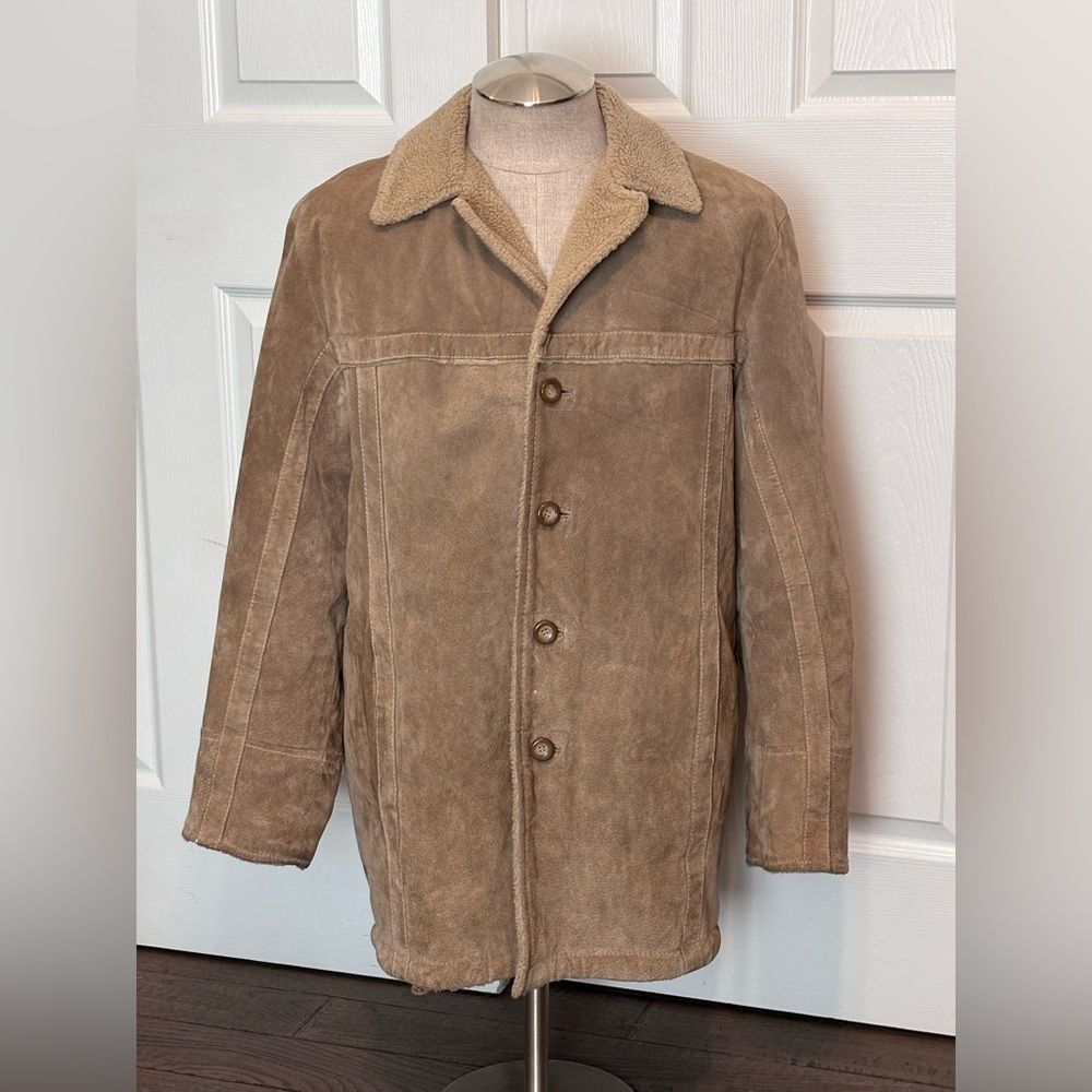 Vintage 90s Wilsons Leather Suede Car Coat Faux Shearling Lined Men’s M Tan